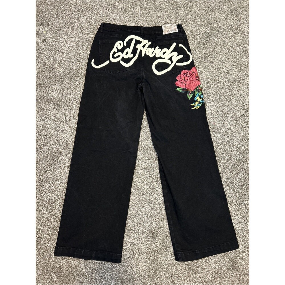 Ed Hardy Men Black Embroidered Skull Rose Denim Pants Size 34x32 Y2K Streetwear